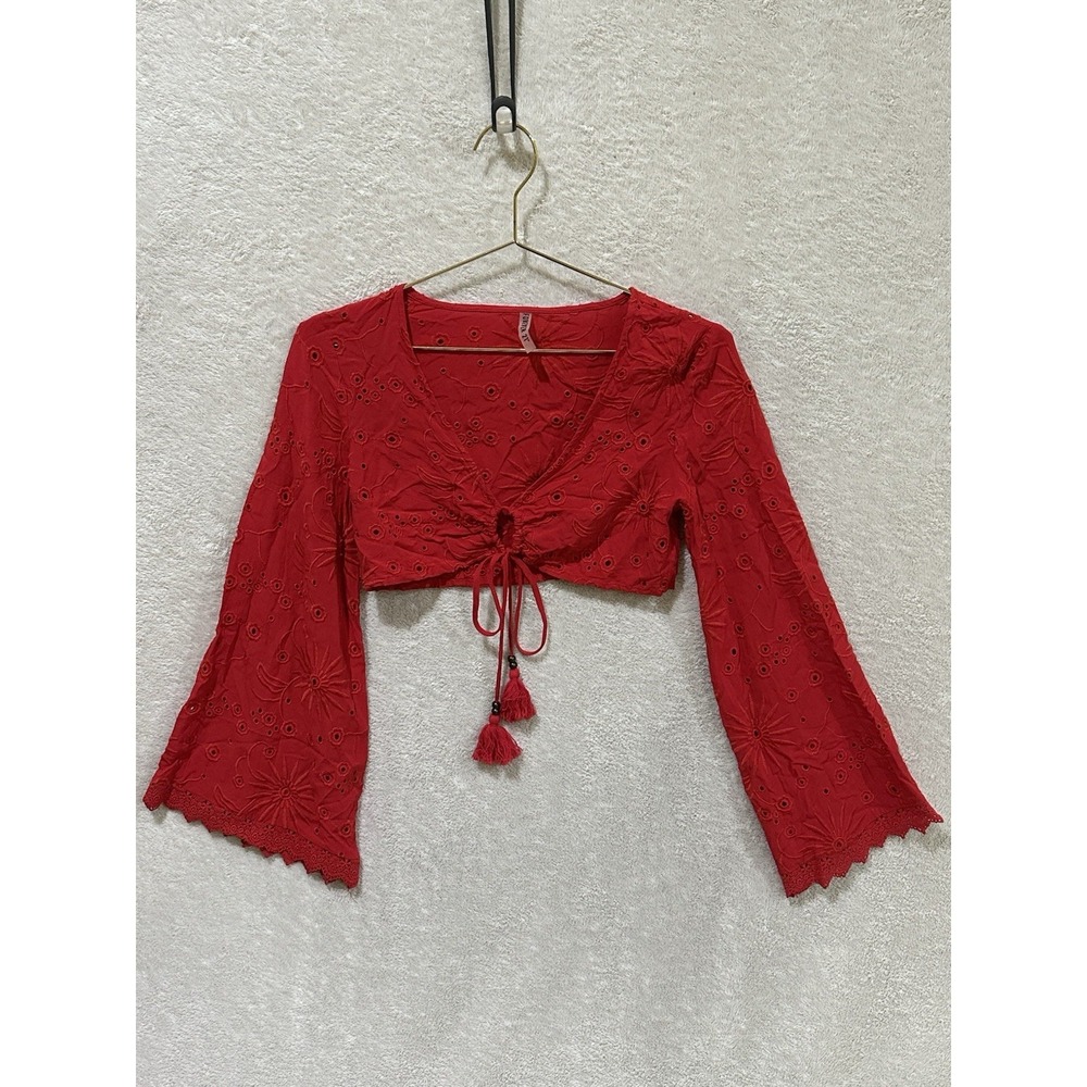 Forever 21 Red Eyelet Cropped Top Women Medium? Boho Romantic Bell Sleeve